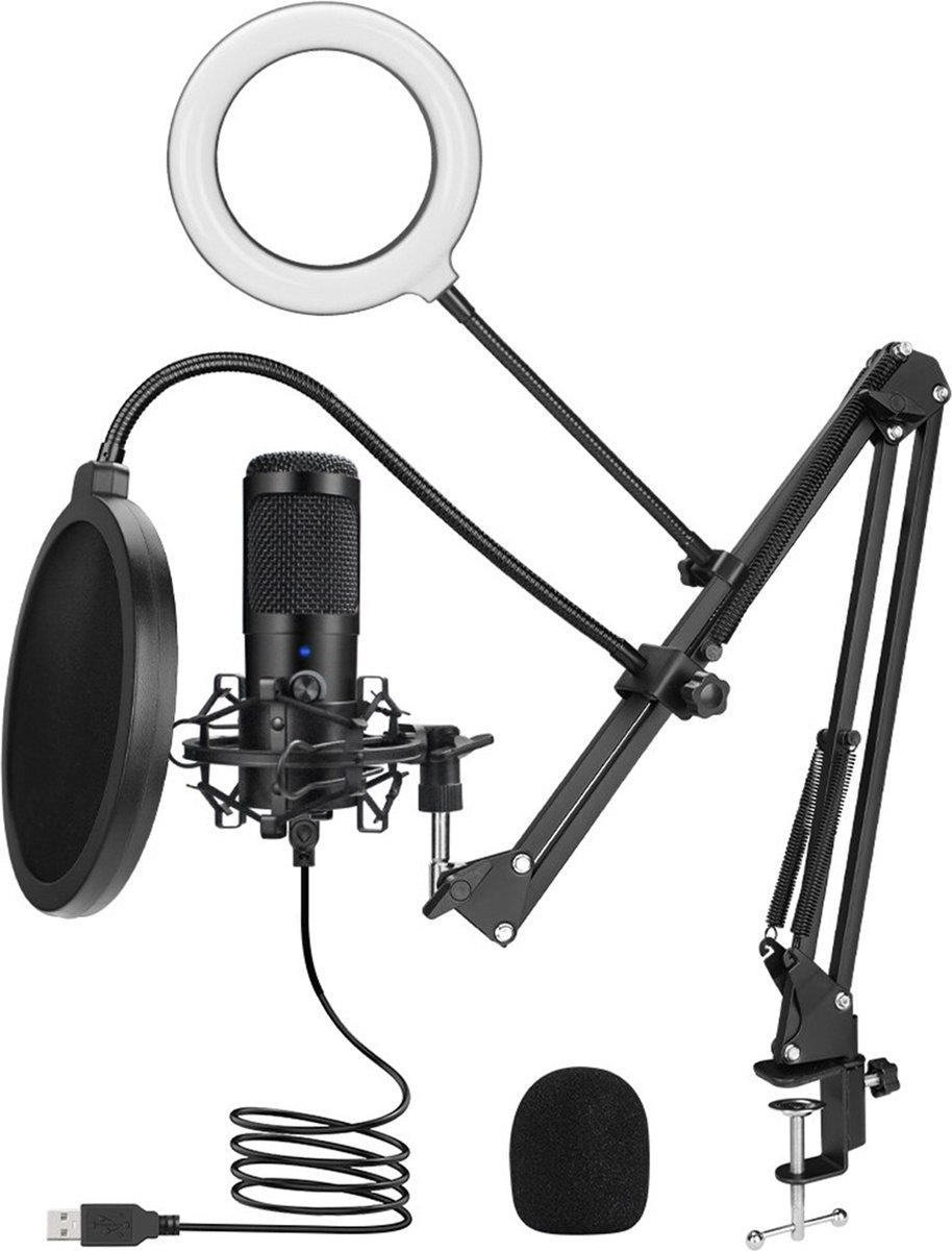 Brandie® - Microfoon - Gamingmicrofoon - Studiocondensator - Microfoon Met Randverlichting - Usb-Microfoon Voor Pc - Verstelbare Microfoon Met Armstandaard En Statief Voor Podcast- En Youtube-Voice-Overs