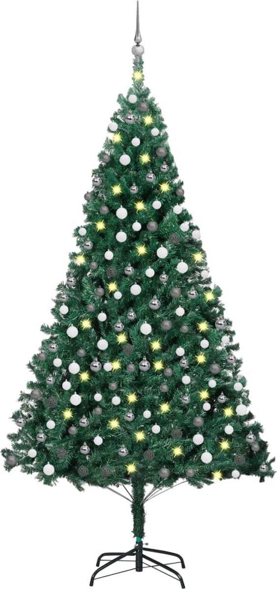Prolenta Premium - Kunstkerstboom met LED's en kerstballen 210 cm PVC groen