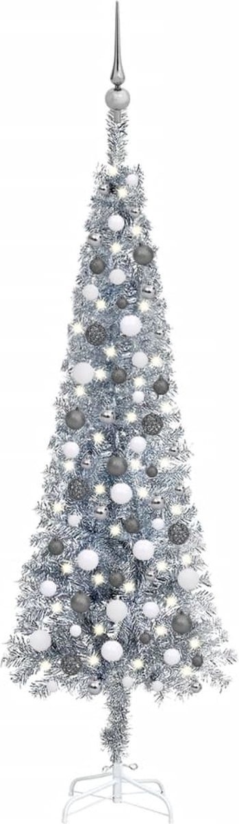 Prolenta Premium - Kerstboom met LED's en kerstballen smal 180 cm zilverkleurig