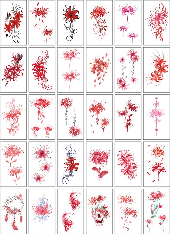 Manjusaka bloemen neptattoo-30 vellen 45 stuks- Lycoris-Higanbana- Carnaval-tattoo stickers-Tijdelijke Tatoeages–Tattoo Stickers
