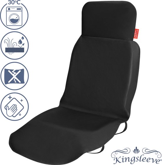 Zwarte autostoelhoes met Kingsleeve logo en onderhoudssymbolen.