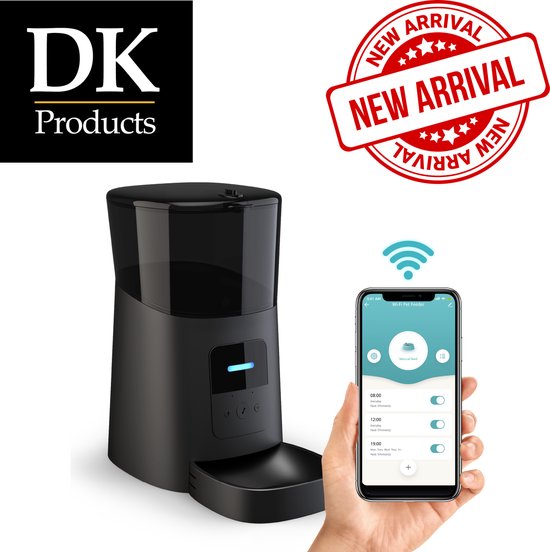 DKProducts.nl Automatische voerbak zwart - Voerautomaat met app - Smartphone Besturing - Voerinhoud 6 Liter - Voor Katten- en Hondenvoer - Droogvoer - Voedingsschema - WiFi - Automatische voerbak kat - Automatische voerbak