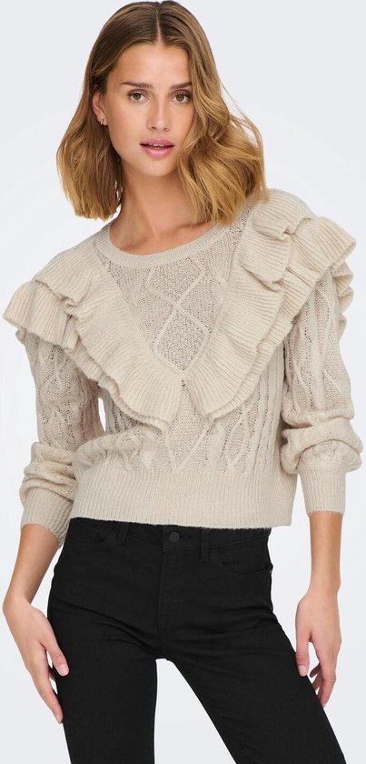 JDY Dames Gestreepte Lange Mouw Gebreide Trui Streep Bovenkant Geribbeld Basic Gebreide Sweater Top JDYPLUM, Colour:Beige, Size:XS
