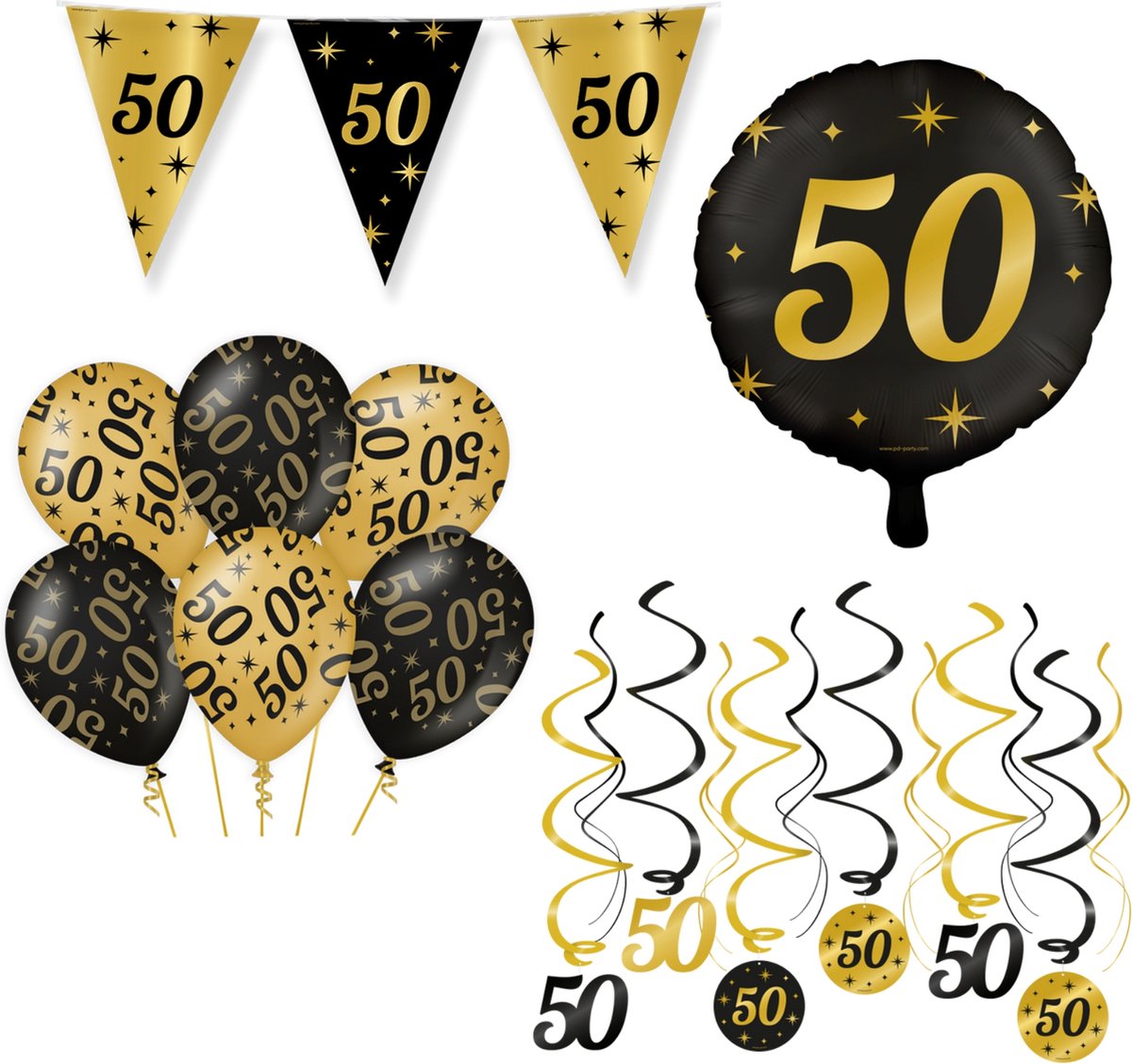 50 Jaar Verjaardag Decoratie Versiering - Feest Versiering - Swirl - Folie Ballon - Vlaggenlijn - Ballonnen - Man & Vrouw - Zwart en Goud - Merkloos