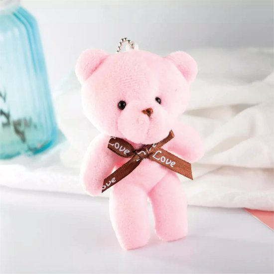 Sleutelhanger pluche beer - Roze - 13 cm - knuffel dier Valentijnsdag