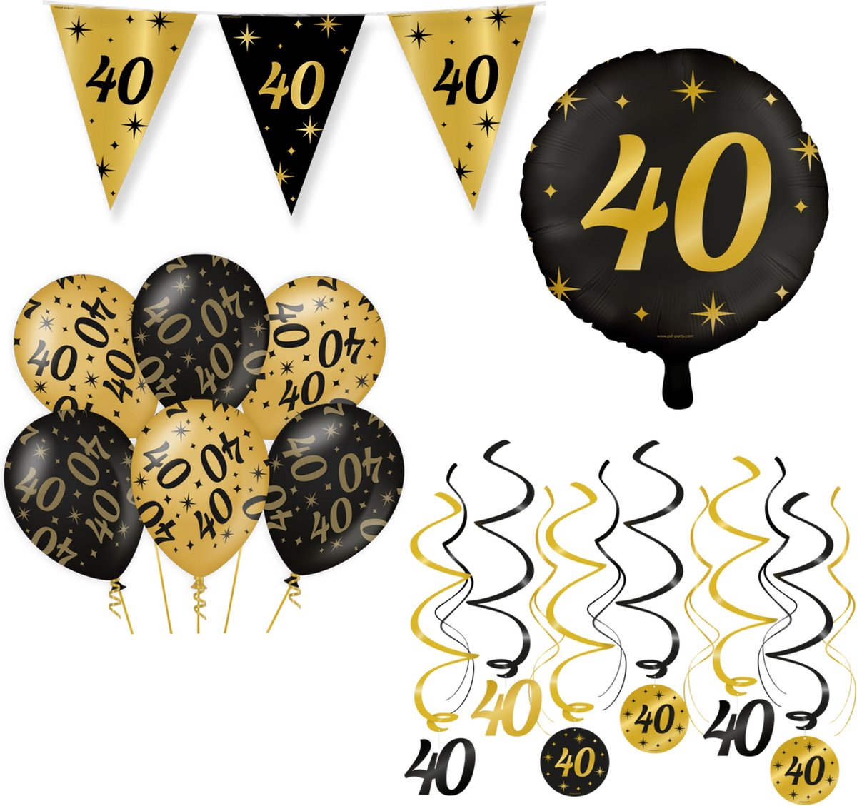 40 Jaar Verjaardag Decoratie Versiering - Feest Versiering - Swirl - Folie Ballon - Vlaggenlijn - Ballonnen - Man & Vrouw - Zwart en Goud - Merkloos