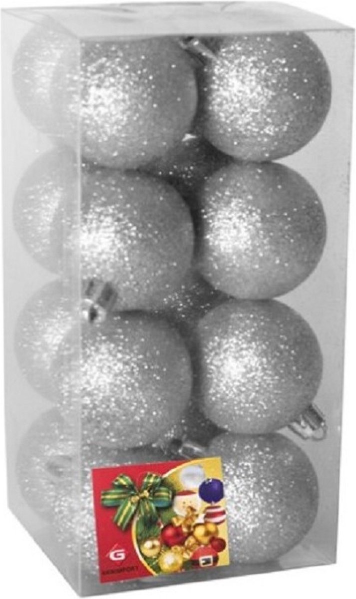 Gerimport Kerstballen - 16x - zilver - glitters - D5 cm - kunststof - kerstversiering - onbreekbare kerstballen