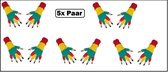 5x Paar Vingerloze handschoenen rood/geel/groen  - Thema feest carnaval party festival