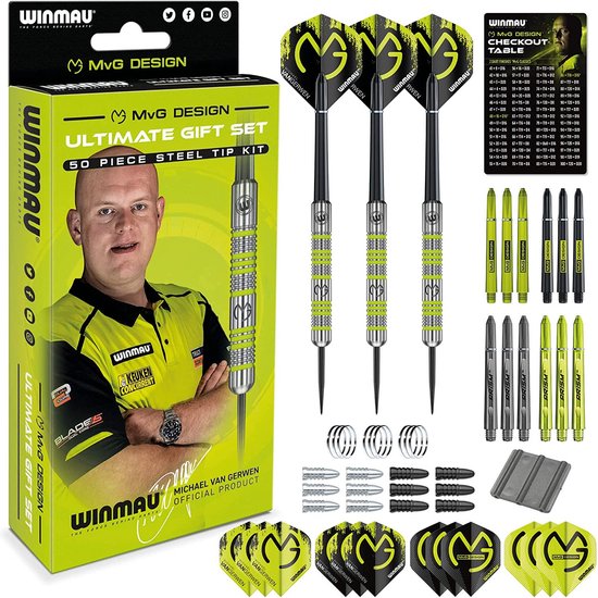 Dartbord cadeauset - Michael Van Gerwen MvG - 50-delige dartset met 4 sets schachten en 4 sets vluchten plus accessoires van Merkloos — afbeelding 2
