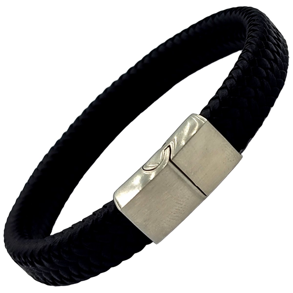 Rhylane – Gevlochten Heren Armband - Leer & Verzilverd Staal – Zwart – Maat L/XL (22 cm)