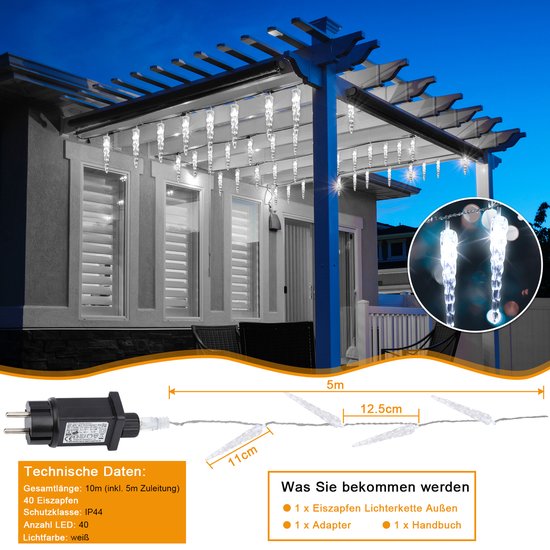 40 ledijspegels kerstversiering ijsregen transparante kerstverlichting, koel wit bol