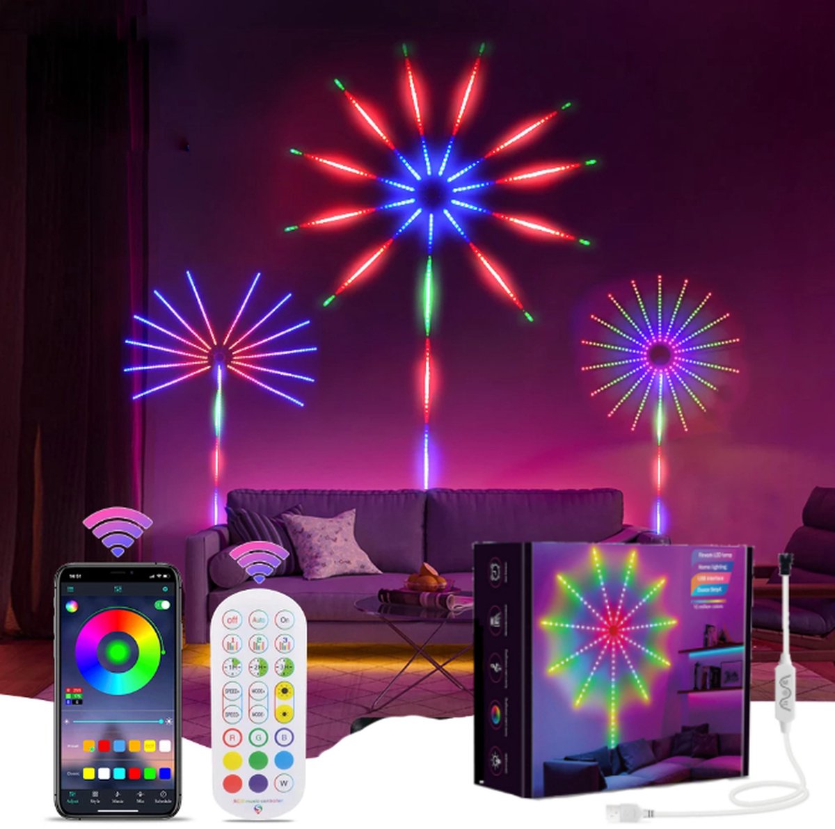 Levabe - LED vuurwerk lamp - Afstandsbediening en App Functie - LED strip verlichting - Muziek Synchronisatie - Discolamp - Nieuwjaar versiering - Oud en nieuw decoratie - Ker st verlichting - Multicolor