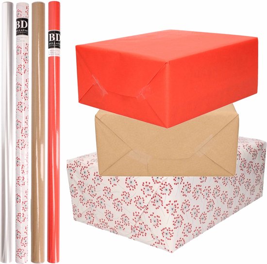 Paquet de 8 rouleaux de papier d'aluminium transparent/papier d'emballage - rouge/marron/blanc avec coeurs 200 x 70 cm - cadeau/couvertures/papier d'expédition/cellophane