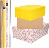 8x Rollen transparant folie/inpakpapier pakket - geel/bruin/wit met hartjes 200 x 70 cm - cadeau/kaften/verzendpapier/cellofaan