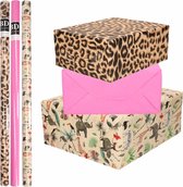9x Rollen kraft inpakpapier jungle/panter pakket - dieren/luipaard/roze 200 x 70 cm - cadeau/verzendpapier