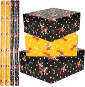 Set van 4x Rollen Kerst inpakpapier/cadeaupapier oker geel/zwart rendieren 2,5 x 0,7 meter - Kerstpapier / kadopapier