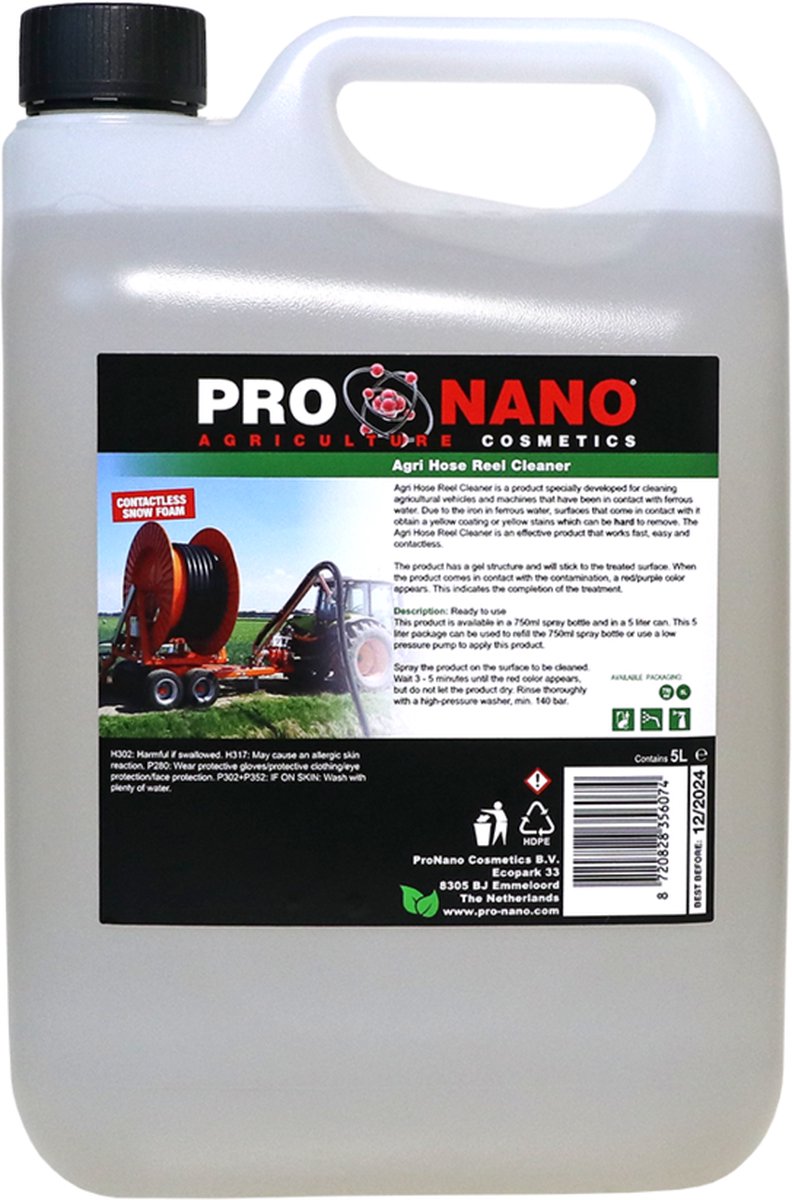 ProNano | Pro Nano Hose Reel Cleaner 5L | Verwijderd Bronwatervervuiling | product speciaal ontwikkeld voor het reinigen van landbouwvoertuigen en machines die in contact zijn geweest met ijzerhoudend water.