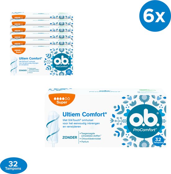 o.b. ProComfort Super Tampons voor de zwaardere menstruatiedagen, met Dynamic Fit-technologie en SilkTouch oppervlak voor ultiem comfort en betrouwbare bescherming, 6 x 32 stuks