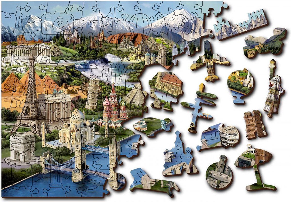 Wooden City Wereld Bezienswaardigheden XL - Houten Vormpuzzel - 52x38 cm - 600 stukjes