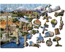 Wooden City Wereld Bezienswaardigheden XL - Houten Vormpuzzel - 52x38 cm - 600 stukjes