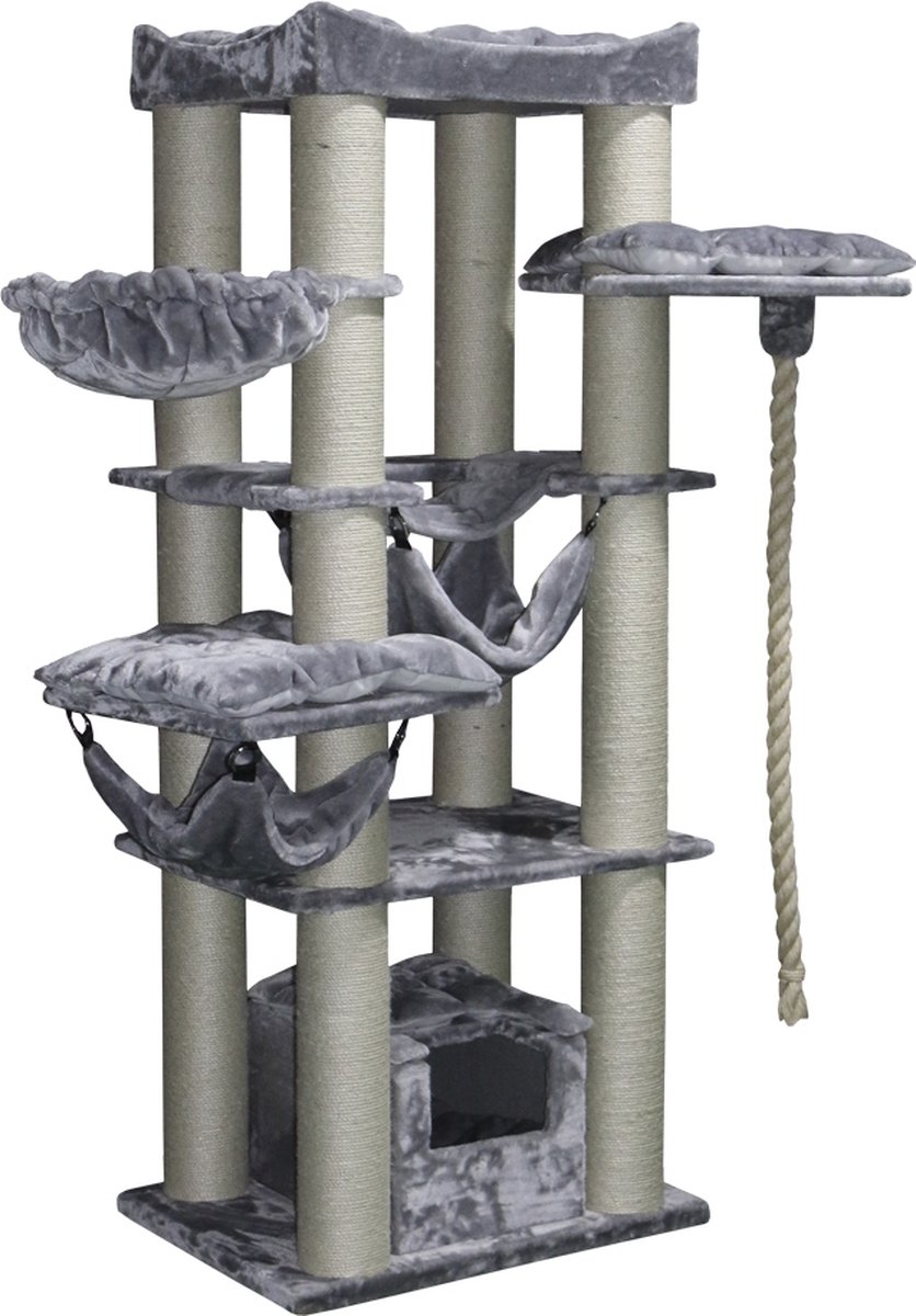 Nobby Krabmeubel Rubi – Krabpaal – Huisje – XXL – Touw – Hangmat – Licht Grijs – Grote Kat – Zware Kat – Maine Coon – 197 cm hoog