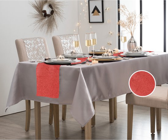 Nappe argent 140 x 240 cm avec chemin de table polyester rouge