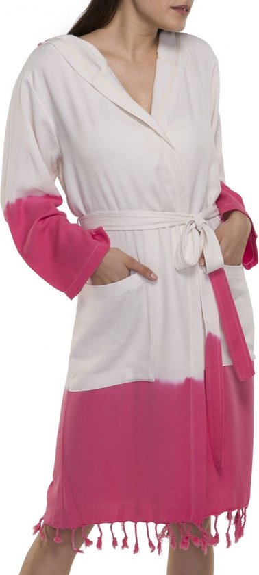 Dip Dye Badjas Fuchsia - XS - extra zachte hamam badjas - luxe badjas - korte ochtendjas met capuchon - dunne sauna badjas