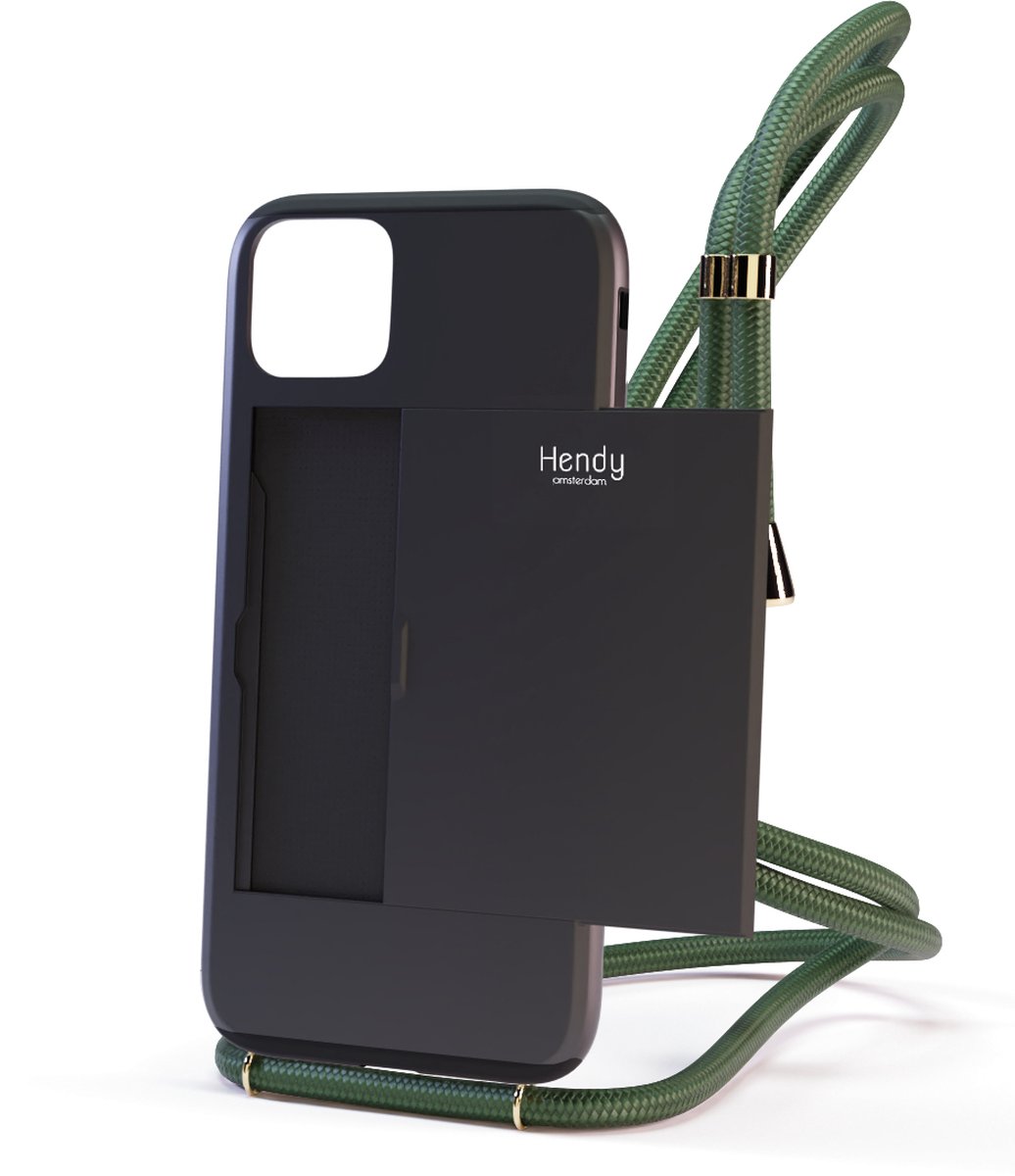 Hendy telefoonhoesje met koord - Sophisticated (ruimte voor pasjes) - Army Green - iPhone XR
