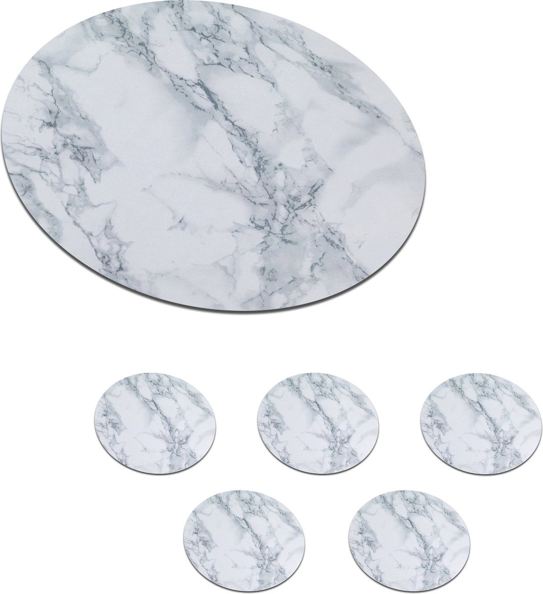 Onderzetters voor glazen - Rond - Marmer - Wit - Grijs - 10x10 cm - Glasonderzetters - 6 stuks