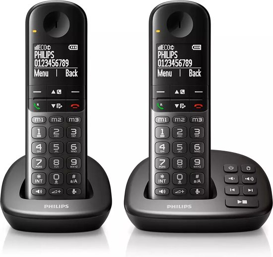 Philips XL4952DS - DECT-Telefoon met Antwoordapparaat - Draadloze Senioren Telefoon met 2 Handsets - Grote Toetsen, Volumeboost en Gehoorapparaat Compatibiliteit - Zwart