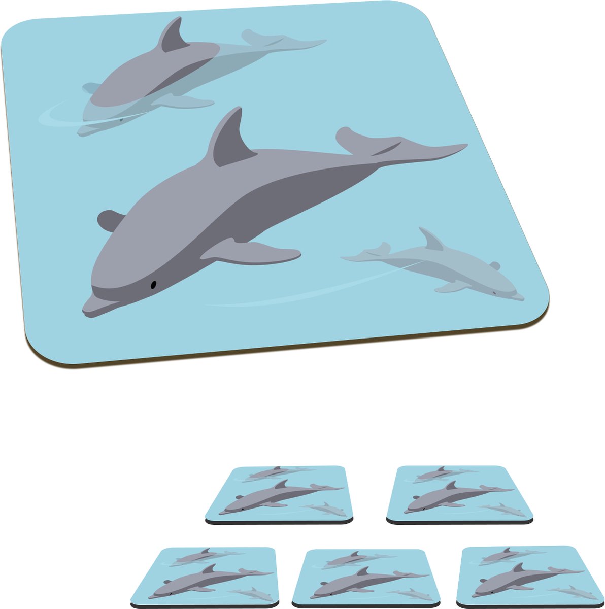 Onderzetters voor glazen - Dolfijnen - Water - Blauw - 10x10 cm - Glasonderzetters - 6 stuks