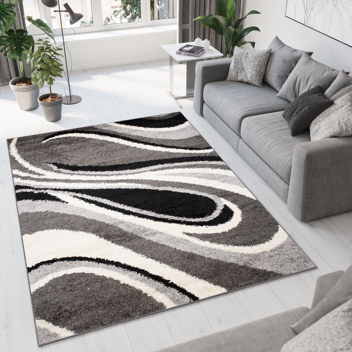 Tapiso Delhi Vloerkleed Hoogpolig Zwart Grijs Golven Tapijt Maat- 60x100 Zwart Grijs 1