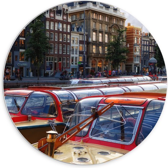 WallClassics - PVC Schuimplaat Muurcirkel - Toeristenboten in Amsterdamse Grachten - 70x70 cm Foto op Muurcirkel (met ophangsysteem)