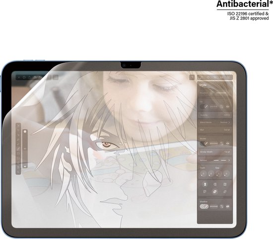 Screenprotector met een anime-afbeelding met rode ogen, geplaatst op een iPad.