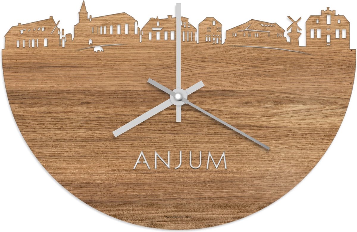 Skyline Klok Anjum Eikenhout - Ø 40 cm - Stil uurwerk - Wanddecoratie - Meer steden beschikbaar - Woonkamer idee - Woondecoratie - City Art - Steden kunst - Cadeau voor hem - Cadeau voor haar - Jubileum - Trouwerij - Housewarming - WoodWideCities