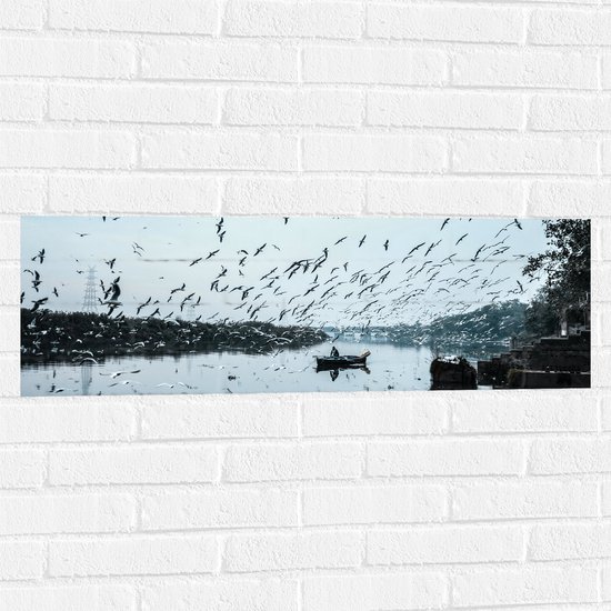 WallClassics - Muursticker - Zwerm Vogels bij Visser in Bootje - 90x30 cm Foto op Muursticker