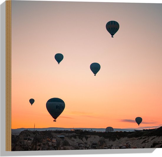 WallClassics - Hout - Blauw/Witte Luchtballonnen boven Dorpje in Bergen - 50x50 cm - 12 mm dik - Foto op Hout (Met Ophangsysteem)