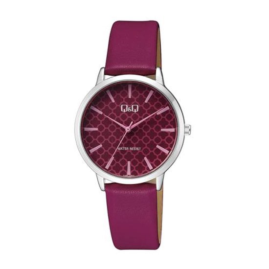 Q&Q Q26B-005PY - Horloge - Vrouwen - Dames - Leren band - Rond - Metaal - Streepjes - Rood - Zilverkleurig - Roze