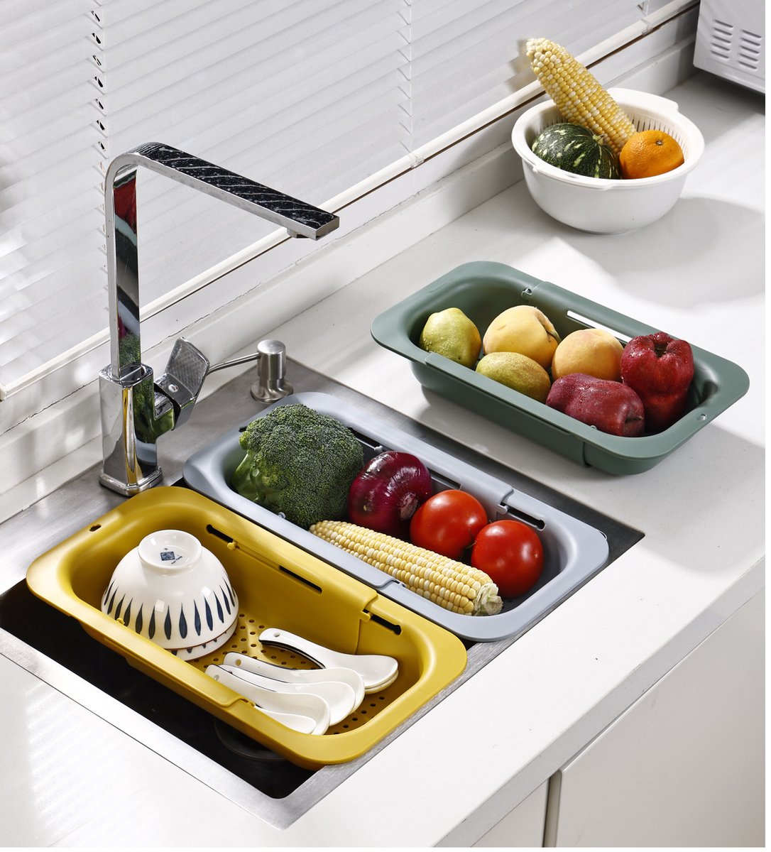 Waterval gootsteenzeef uitschuifbaar vergiet keuken – Wassen groente en fruit – Afgieten pasta hulpmiddel - Wit