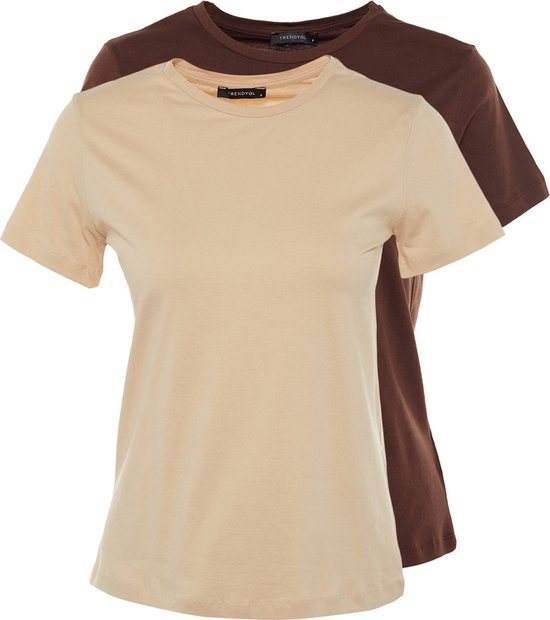 Trendyol TWOSS20TS0141 Volwassenen Vrouwen T-shirt 2 pack - Bruin-Beige - S