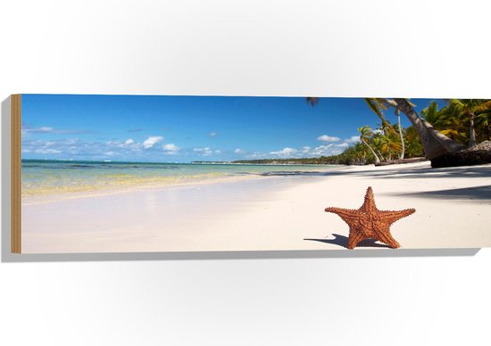 WallClassics - Hout - Zeester op een Tropisch Strand - 90x30 cm - 12 mm dik - Foto op Hout (Met Ophangsysteem)