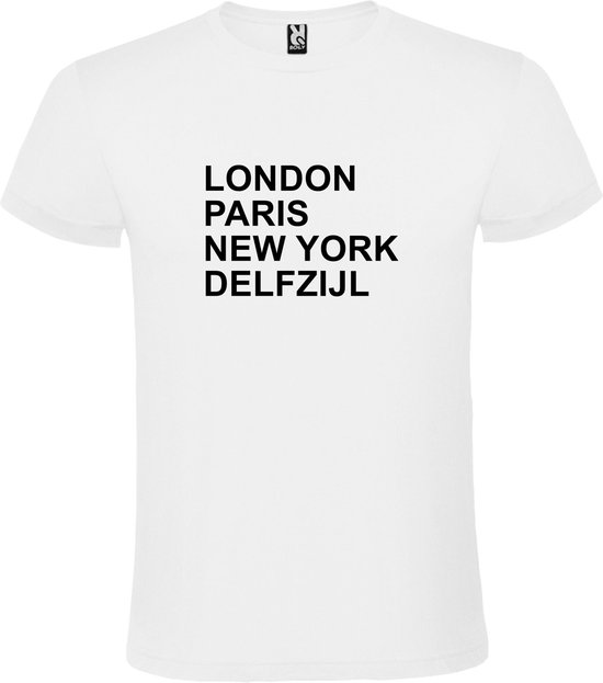 Wit T-shirt 'LONDON, PARIS, NEW YORK, DELFZIJL' Zwart Maat 5XL