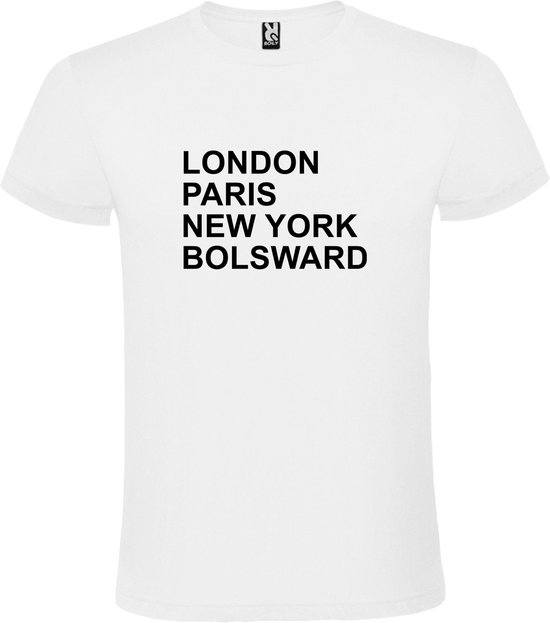 Wit T-shirt 'LONDON, PARIS, NEW YORK, BOLSWARD' Zwart Maat M