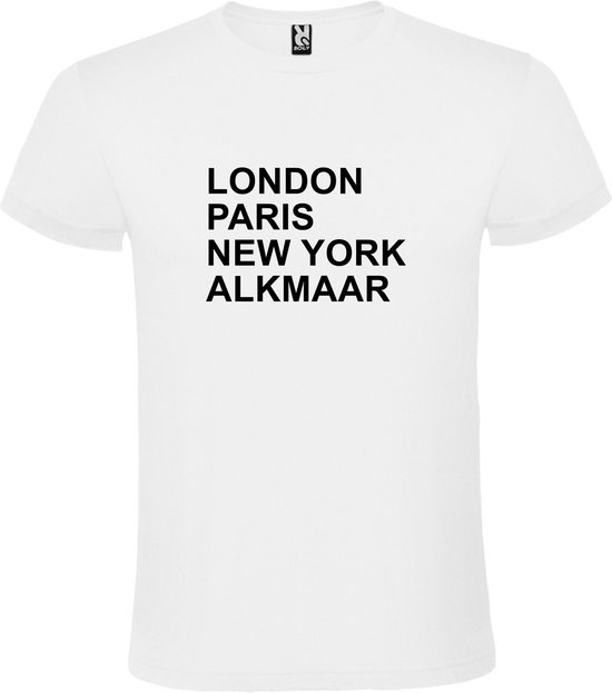 Wit T-shirt 'LONDON, PARIS, NEW YORK, ALKMAAR' Zwart Maat 4XL