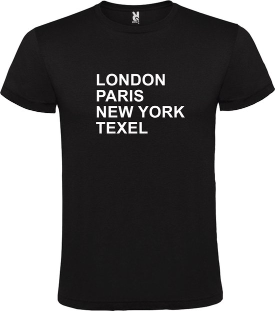 Zwart T-shirt 'LONDON, PARIS, NEW YORK, TEXEL' Wit Maat 5XL