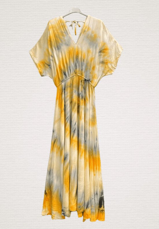 Balinese boho zomer maxi jurk in GEEL kleur met hoge talie, open rug maat 38-42