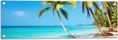 WallClassics - Tuinposter – Tropisch Strand met Palm Bomen - 90x30 cm Foto op Tuinposter  (wanddecoratie voor buiten en binnen)