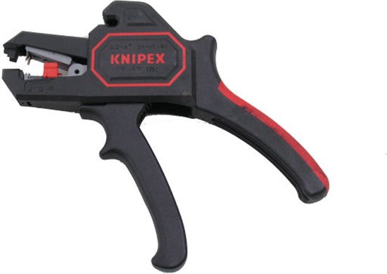 Zwart Knipex stripgereedschap met rode lijnen en een verstelbare klem. Knipex 12 62 180.