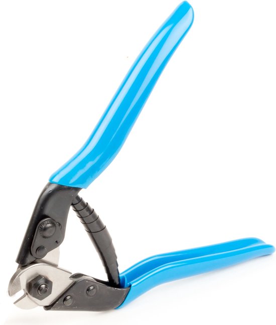 Kabelkniptang met blauwe handvatten en een zwarte bek, gedeeltelijk geopend.