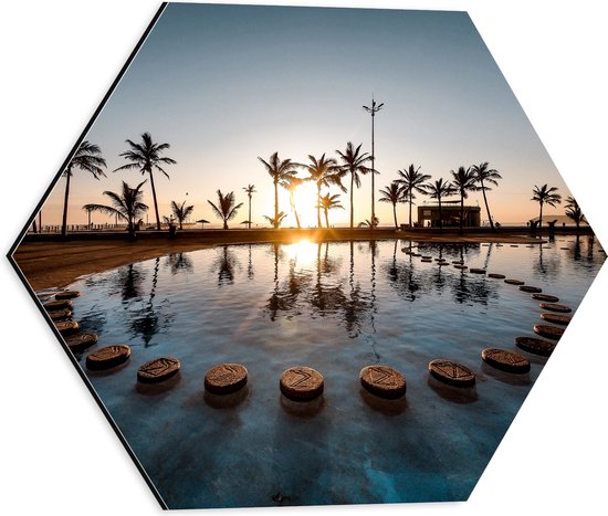 WallClassics - Dibond Hexagon - Tropisch Meer met Palmbomen - 40x34.8 cm Foto op Hexagon (Met Ophangsysteem)